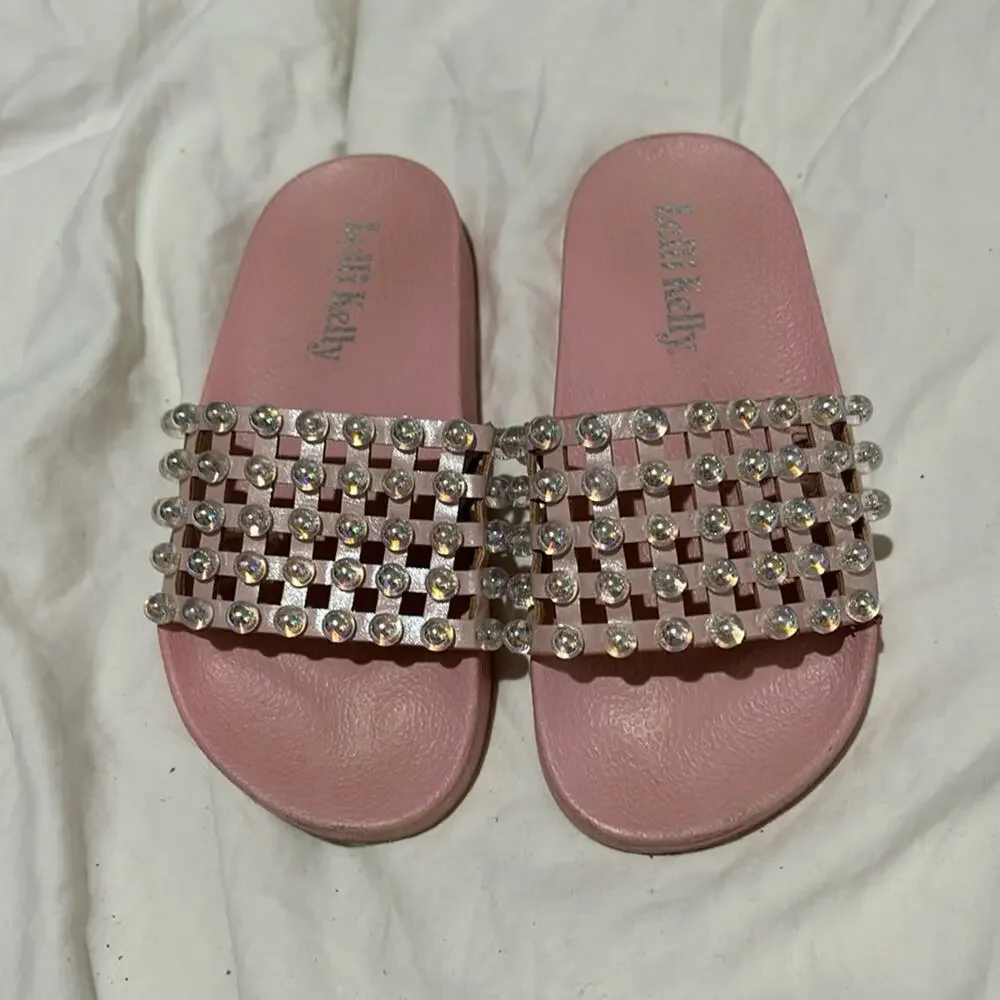 Lelli Kelly Pale pink slides bling bejeweled woven tops molded footbed euc